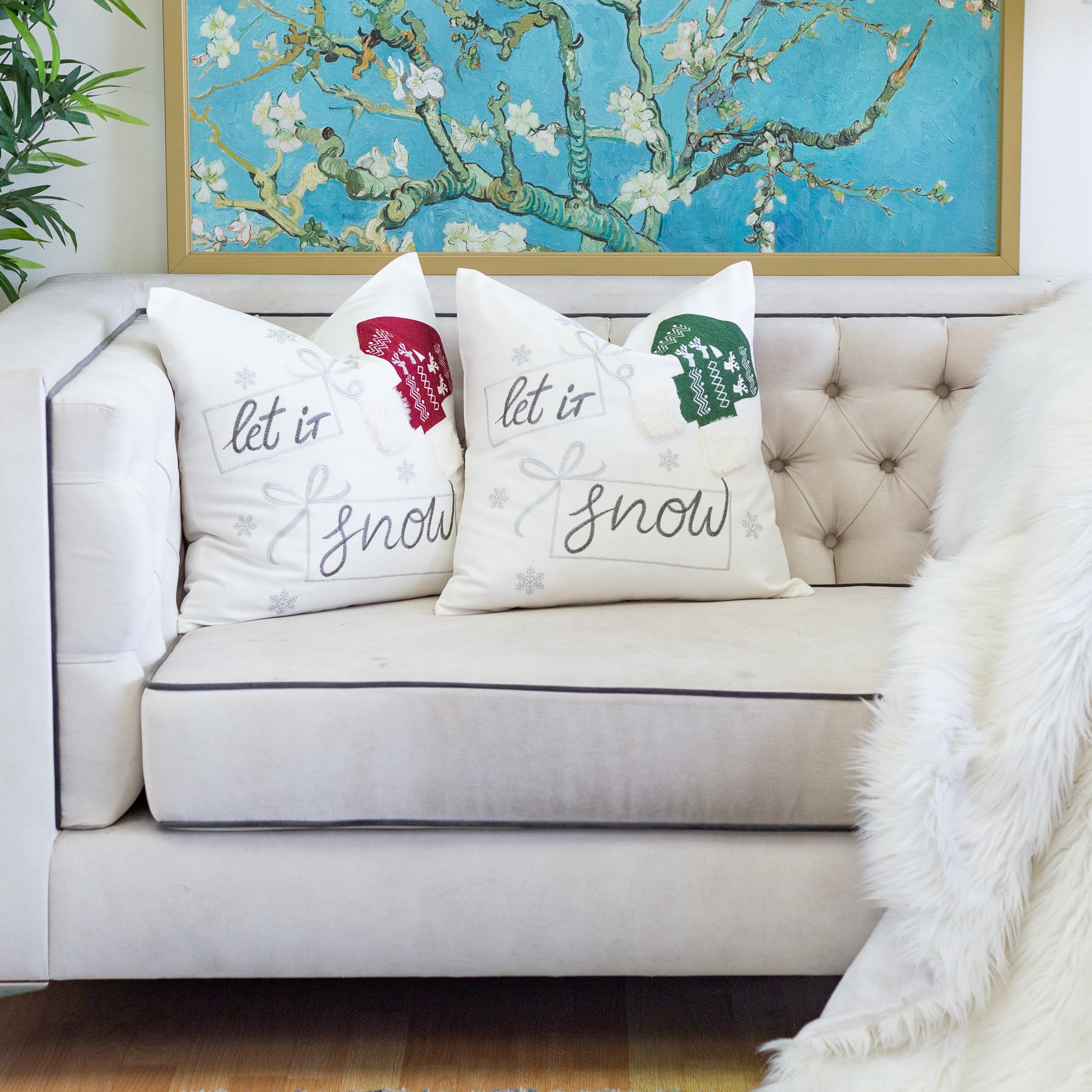 Let It Snow Embroidered Throw Pillow with Green Knit Hat 20x20 Inch Cotton Holiday Decor