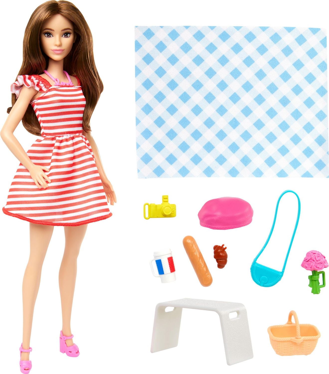 Barbie Pink Passport Paris Doll Set with Clothes & Picnic Accessories, Includes Brunette Doll - Walmart Exclusive