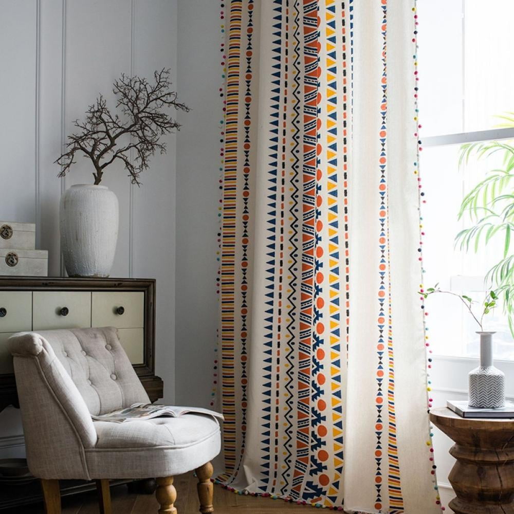 Boho Curtains for Bedroom 78-Inch Modern Farmhouse Cotton Linen Print Colorful Tassel Window Curtain Panels Semi-Transparent Geometric Trellis Draperies Living Room Decor