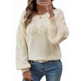 thumbnail image 2 of Womens Ribbed Sweater Crew Neck Short Sleeve Loose Fit Floral Knit Pullover Tops Cream White XL, 2 of 9