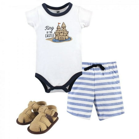 UPC: 0660168533767 | Hudson Baby Infant Boy Cotton Bodysuit  Shorts and Shoe 3pc Set  Sandcastle  6-9 Months