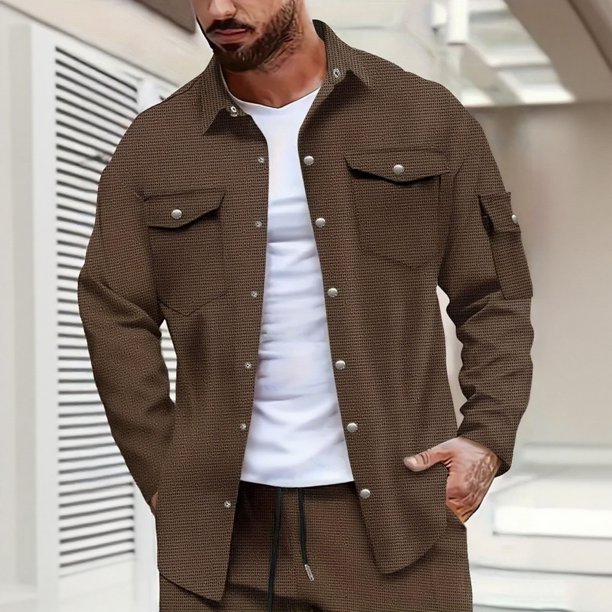 pstuiky camisas de hombre de manga larga, Chaqueta tipo cárdigan de manga larga con solapa y botones, color liso, para hombre, con múltiples bolsillos salir tops m