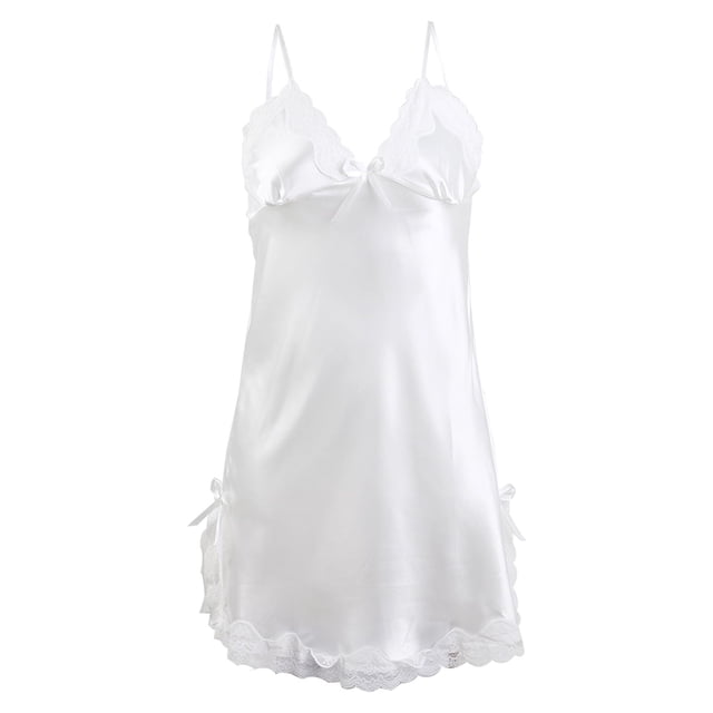 INSPIRAR CHIC Mujeres Satén V Cuello Floral Encaje Trim Ropa de Dormir Noche Vestido Slip Pijama Blanco-encaje L