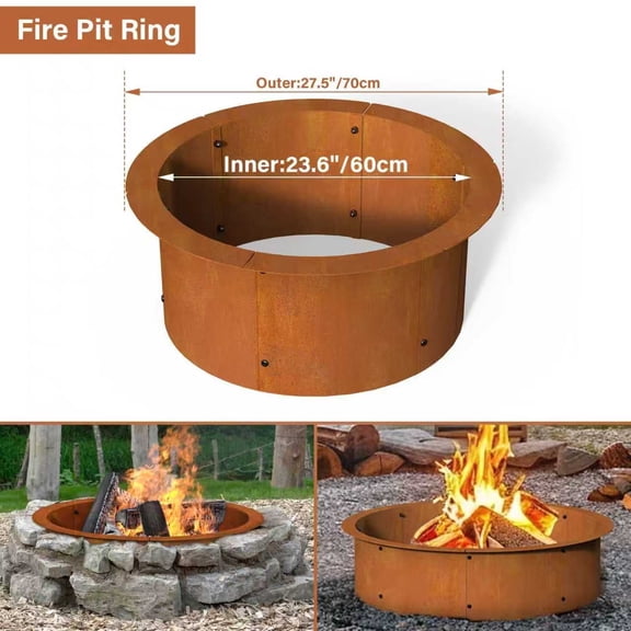 24" Round Metal Steel Fire Pit Ring, Solid with Collar Support, DIY Campfire Wood Burning Liner for Above or In-Ground, Patio, Backyard (Rusty)