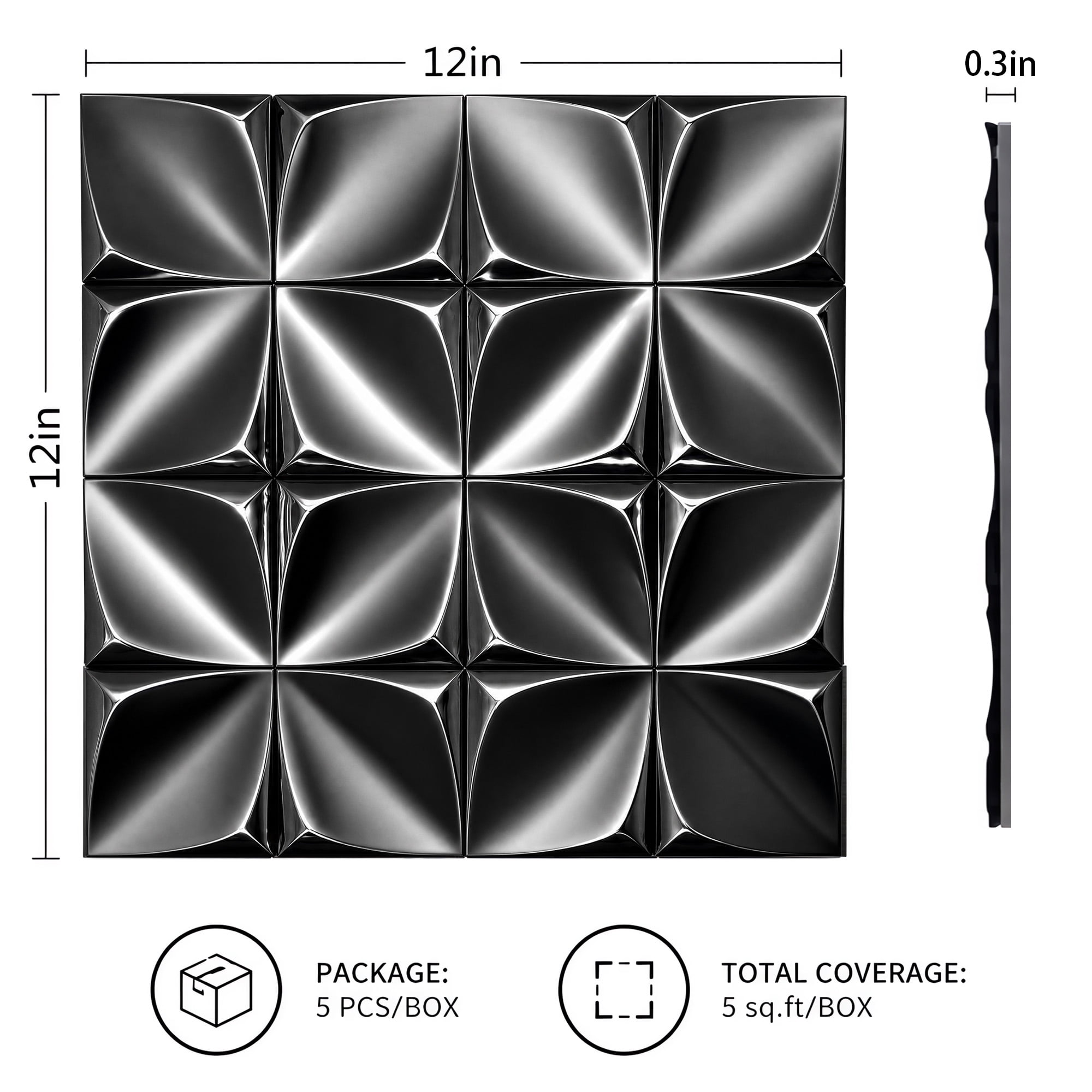 BEAUTYPEAK 5PCS 12"x 12" 3D Wall Panels Metal Wall Decor Panels for Home, Black