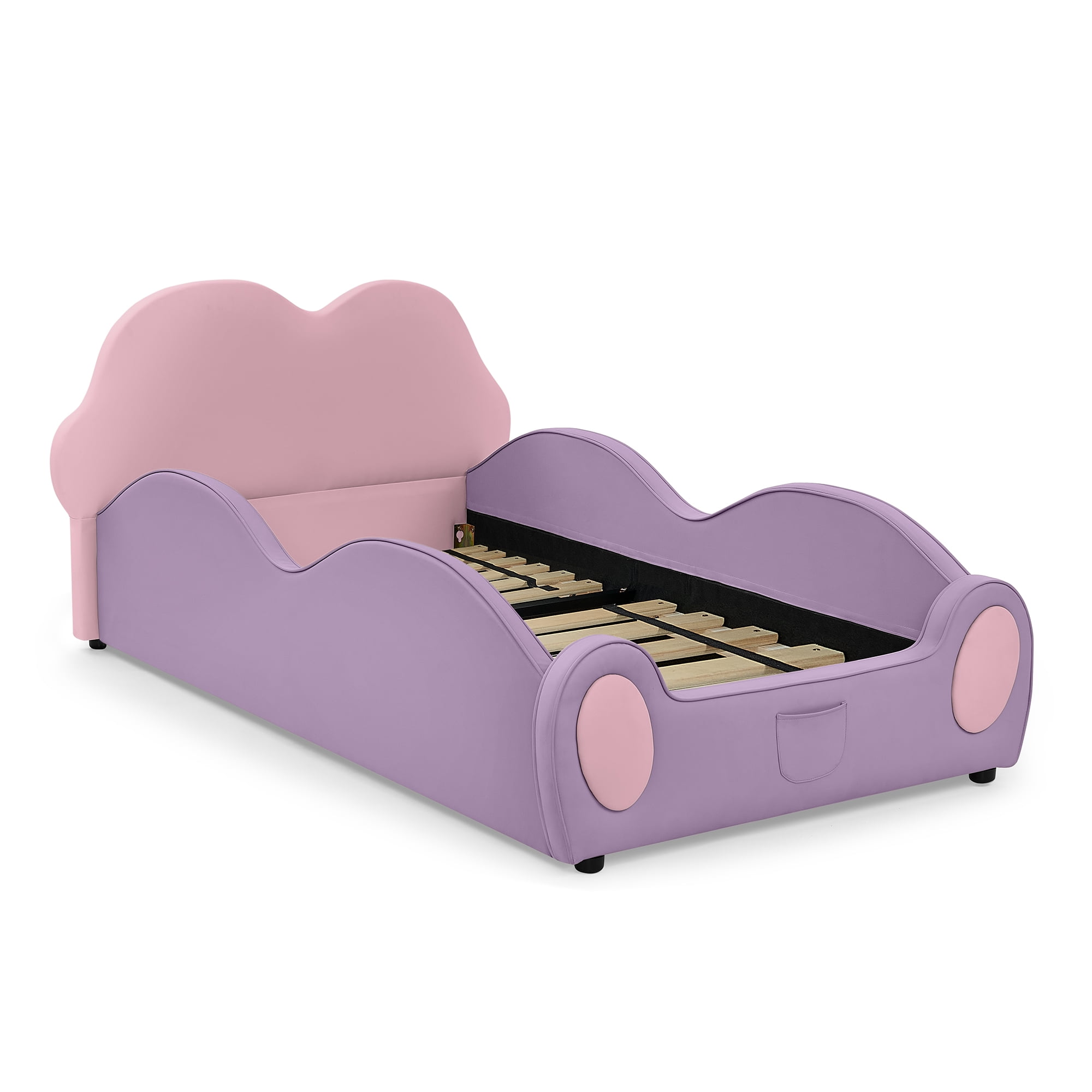 Twin Size Cute Cloud Kids Bed Frame with Guardrails, Upholstered Toddler Bed with Storage Pocket, PU Leather Platform Bed for Girls Bedroom, Purple Pink