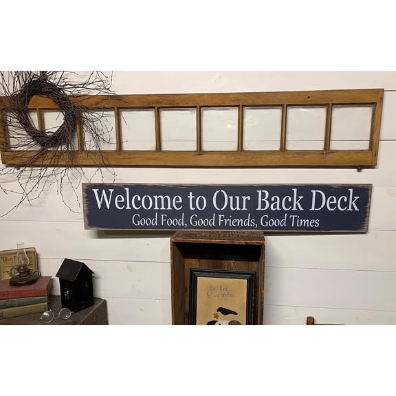 Cskhip Wood Signs Handmade, Wood, Long Sign. Welcome to Our Back Deck Good Food, Good Friends Wooden Signs With Sayings 6" x 16"