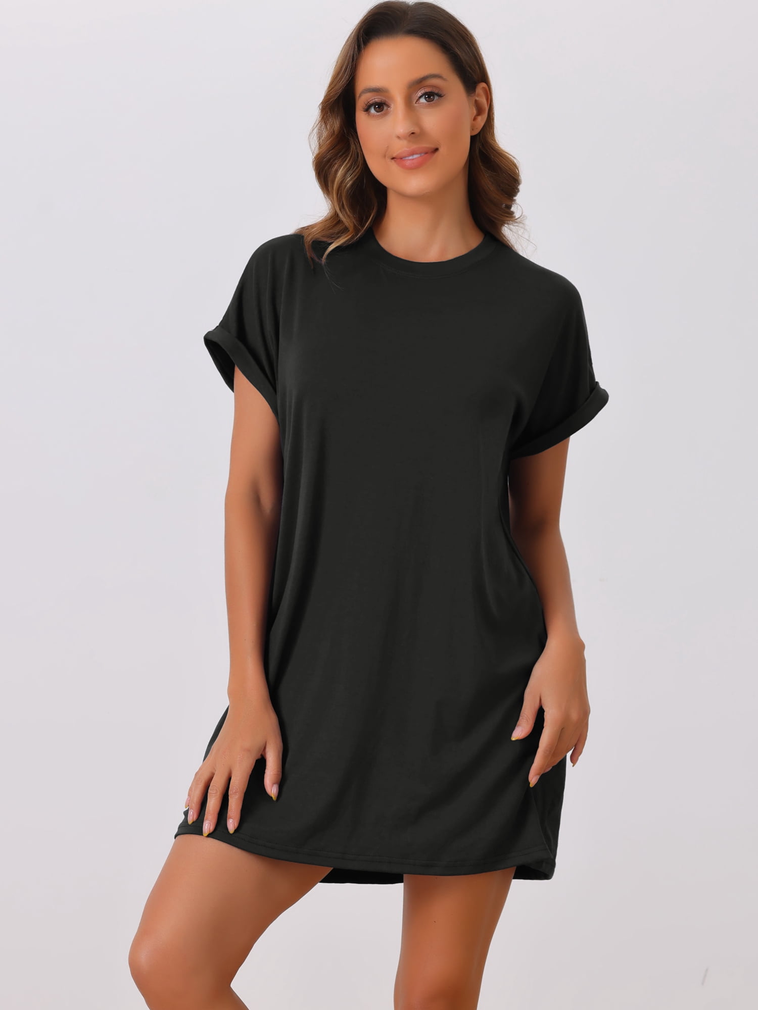 DARING DIVA Women's Short Sleeve Crew Neck Soft Night Dress with Pockets M Black