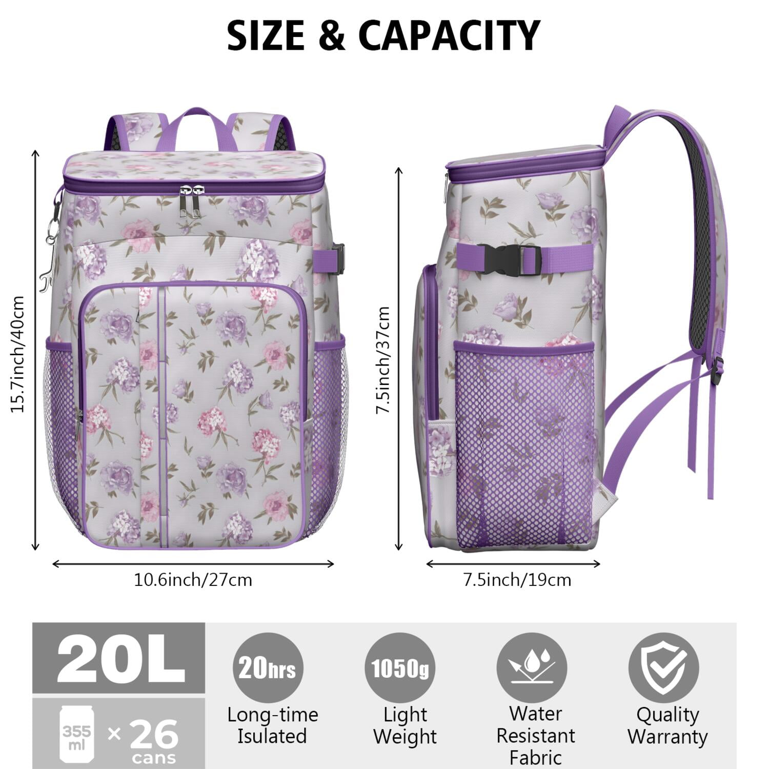 Travel Cooler Bag - Pioneer Flower Floral Print Pattern Camping Beer Cooler Backpack with Bottle Opener- Waterproof Insulated Picnic Backpacks - Cooler Bag for Beach