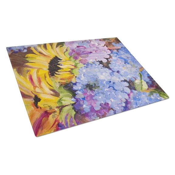 Carolines Treasures Hydrangeas and Sunflowers Glass Cutting Board Large 12H x 16W multicolor