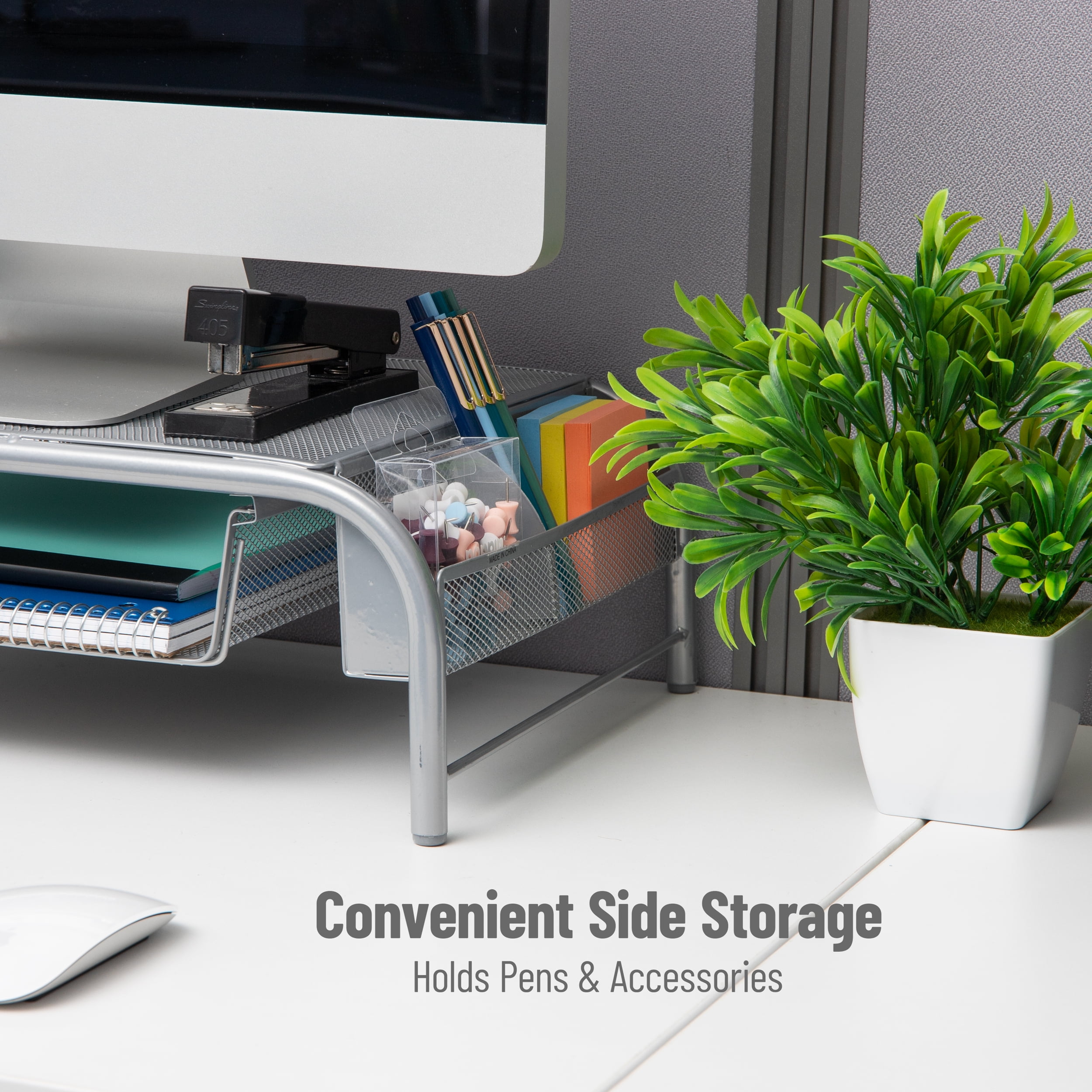 Mind Reader Monitor Stand, Ventilated Laptop Riser, Paper Tray, Storage, Office, Metal, Silver