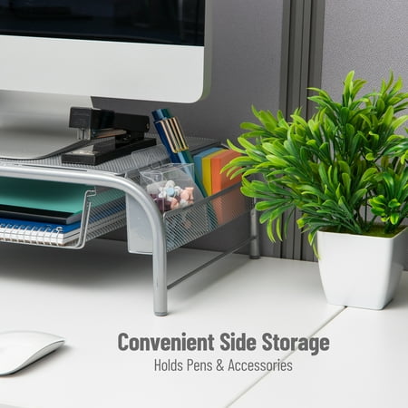 Mind Reader - Monitor Stand, Ventilated Laptop Riser, Paper Tray, Storage, Office, Metal Mesh, 20"L x 11.5"W x 5.5"H - Silver