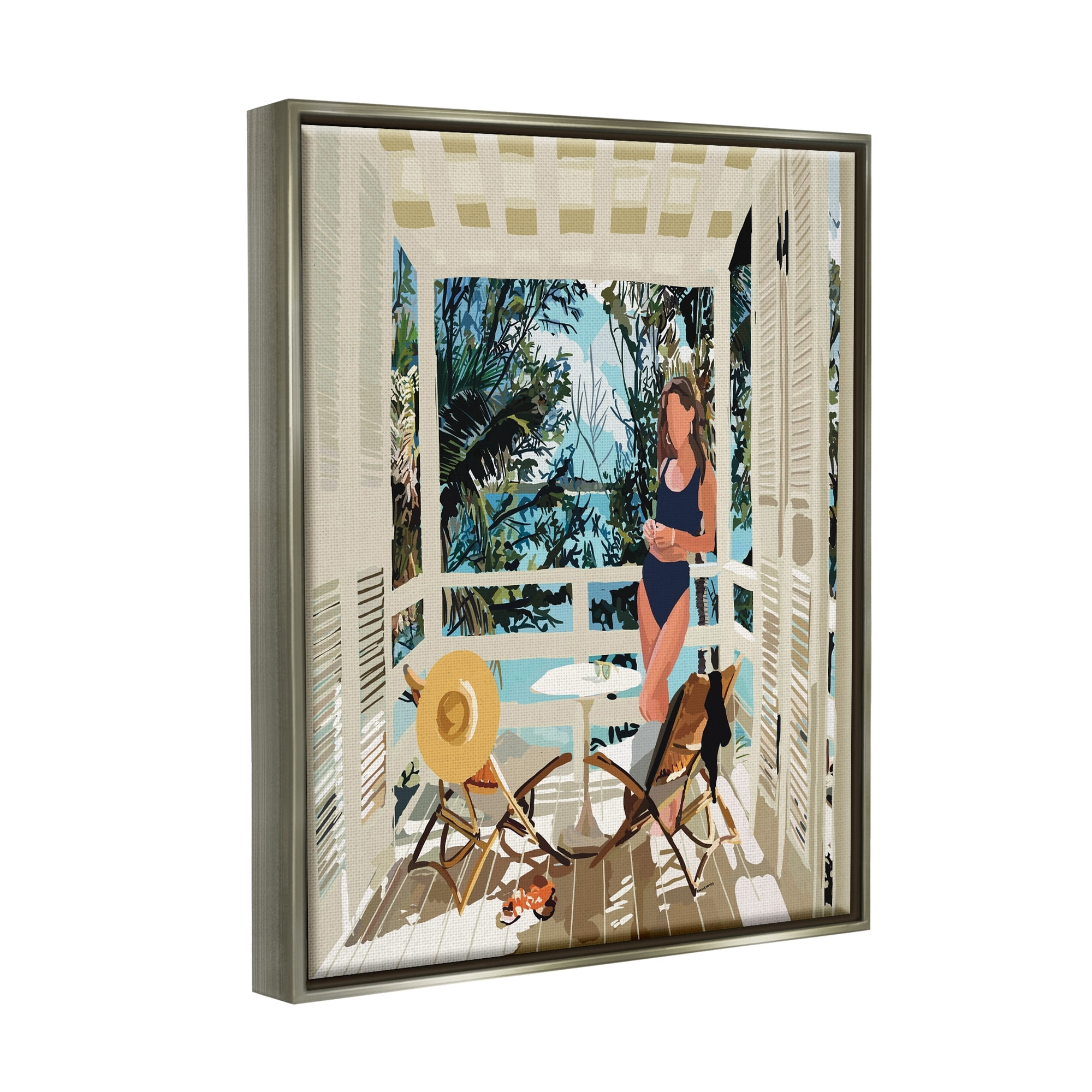 Stupell Industries Woman Coastal Beach Canopy Summer Ocean Scene Graphic Art Luster Gray Floating Framed Canvas Print Wall Art, Design by Amelia Noyes