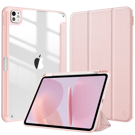 Fintie Slim Case for iPad Pro 11-inch (M5) 2025 / (M4) 2024 Release M4 Chip, Shockproof Cover with Clear Transparent Back Shell with Built-in Pencil Holder, Rose Gold