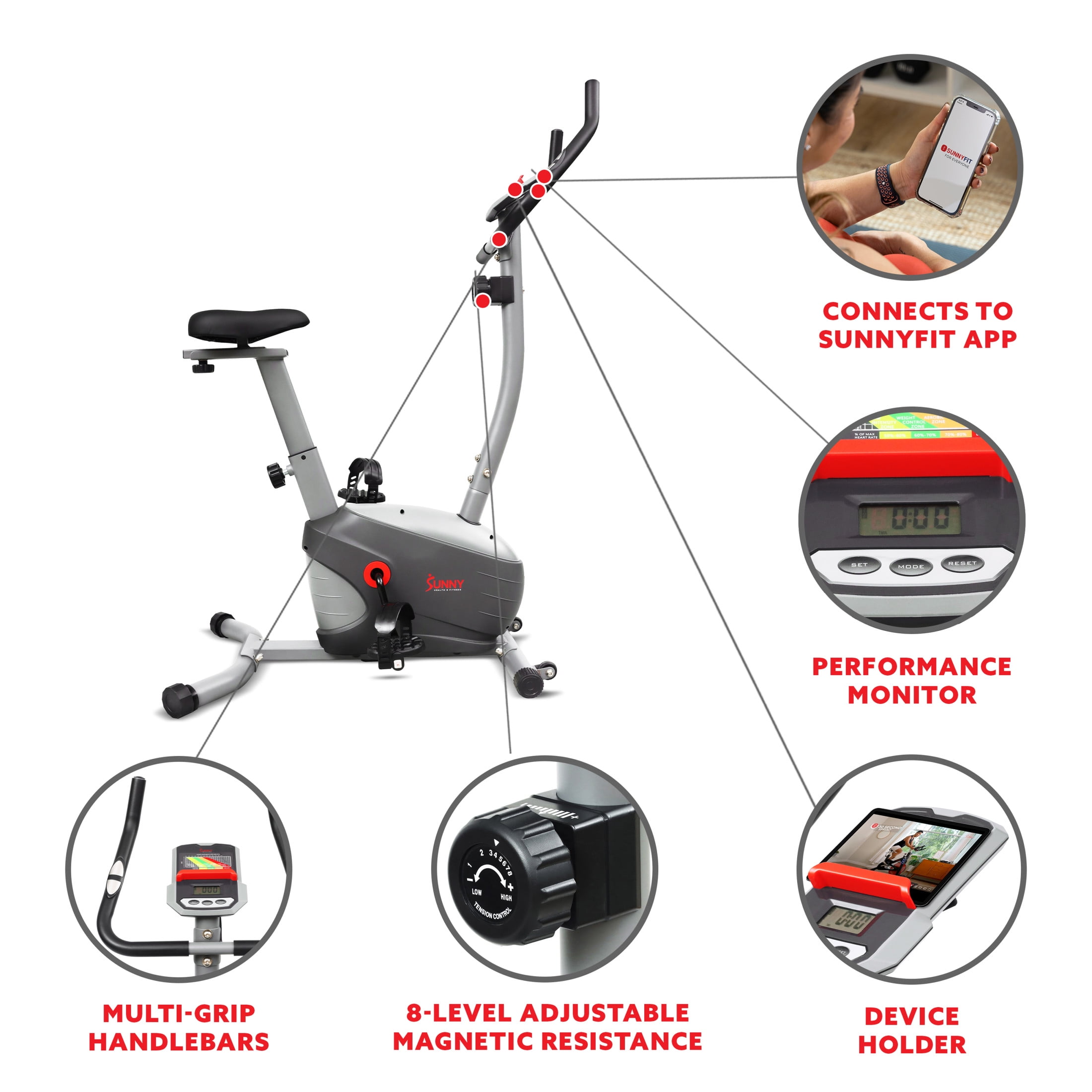 Sunny Health & Fitness Upright Indoor Cycling Bike, Performance Interactive Series w Smart Bluetooth & FREE SunnyFit® App  - SF-B220030