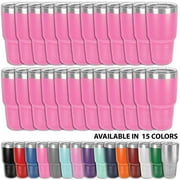 Clear Water Home Goods - Pack of 24 Bulk - 30 oz. Tumblers 18/8 Stainless Steel Double Wall Vacuum Insulated Water Bottle and Travel Coffee Mug Cups with Clear Lid, Powder Coated - Pink