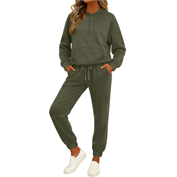 Women's Fashion Casual Solid Color Loose Hooded Sweatshirt Suit, Comfortable and Trendy for Casual Outings and Sportswear,Army Green,L