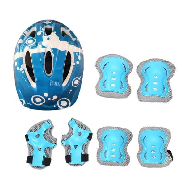 Kit de 7 cascos de bicicleta para niños, rodilleras, coderas y muñequeras, ajuste ajustable, equipo de protección para patinaje sobre ruedas deportivo Azul