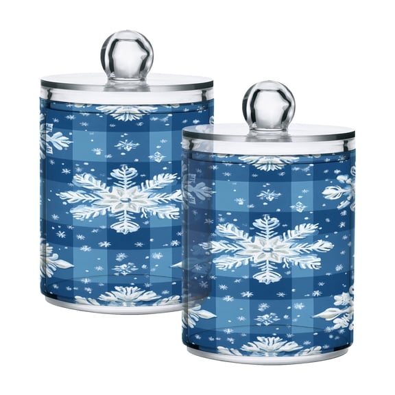 2 Pack Snowflakes on Checkerboard Qtip Holder Dispenser Clear Plastic Storage Apothecary Jars for Cotton Swabs Balls Pads Floss