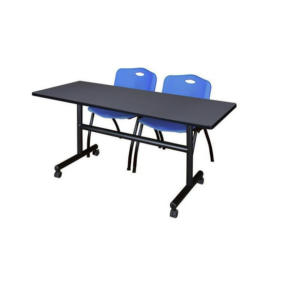 60" x 30" Flip Top Mobile Training Table- Grey and 2 "M" Stack Chairs- Blue