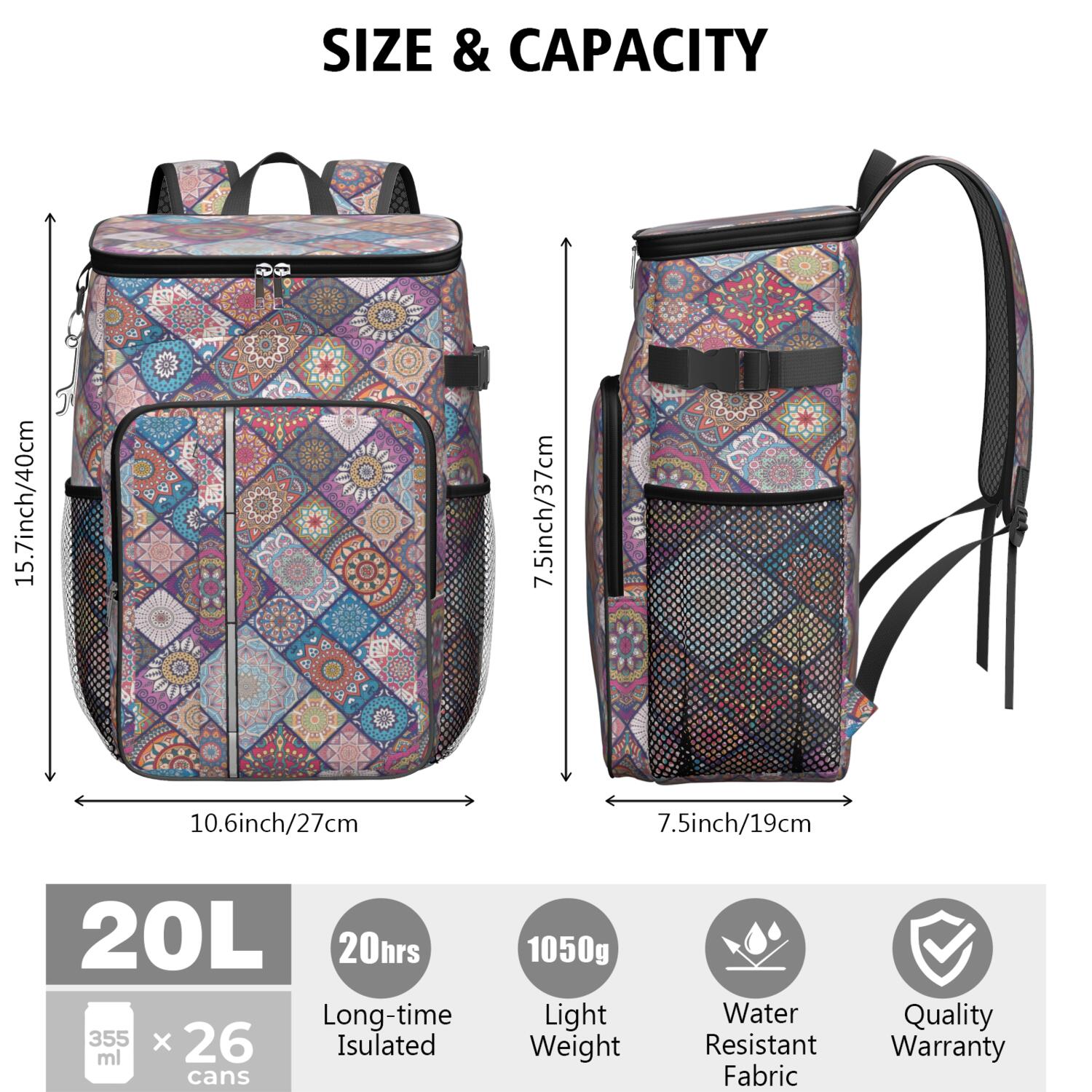 Travel Cooler Bag - Boho Bohemia Flower Camping Beer Cooler Backpack with Bottle Opener- Waterproof Insulated Picnic Backpacks - Cooler Bag for Beach