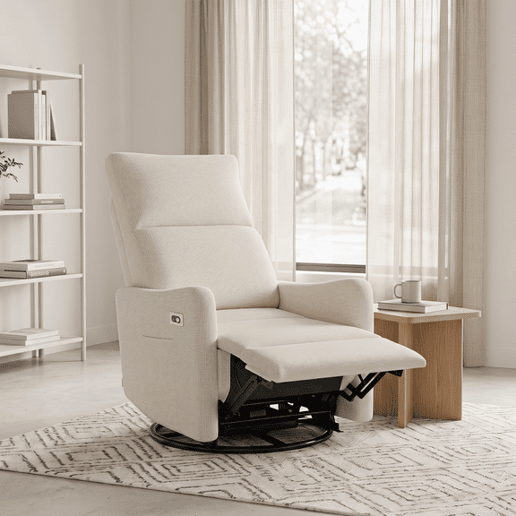 Leumius Swivel Recliner Chair,270° Swivel Rocker Chair for Adults,Small Rocking Recliner for Small Spaces, Upholstered Fabric Glider Recliner Nursery,Living Room Chair,Theater SeatingBeige