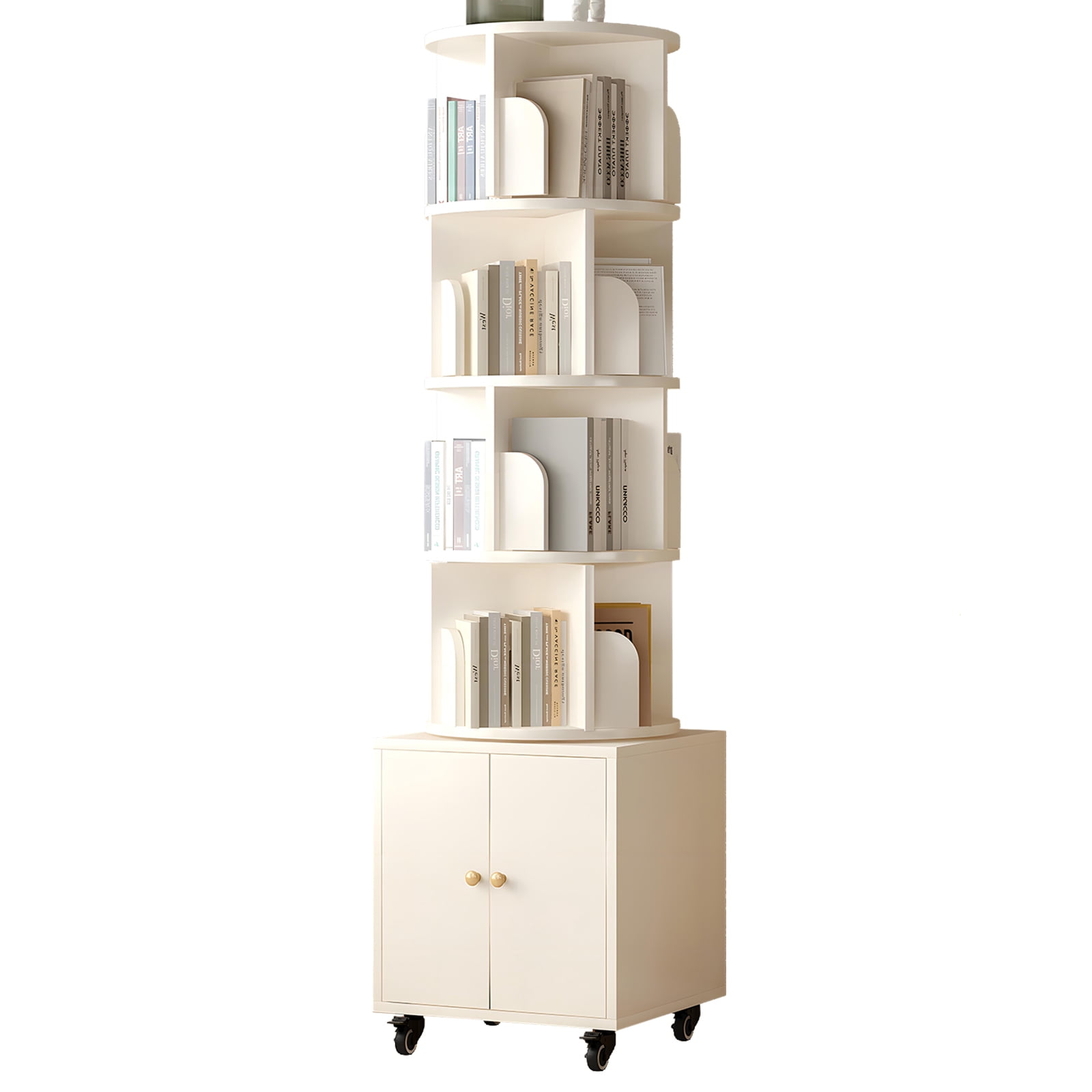 Rotating Bookshelf, 5 Tier Corner Bookcase with Storage Drawer and 360-Degree Rotation, Modern Design for Bedroom or Office, White Finish