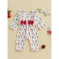 thumbnail image 4 of Baby Toddler Girl Christmas Outfit, 0 3 6 9 12 18 Months Reindeer Print Ruffle Long Sleeve Full Length Romper with Bow Headband 2 Piece Clothing Set, 4 of 9