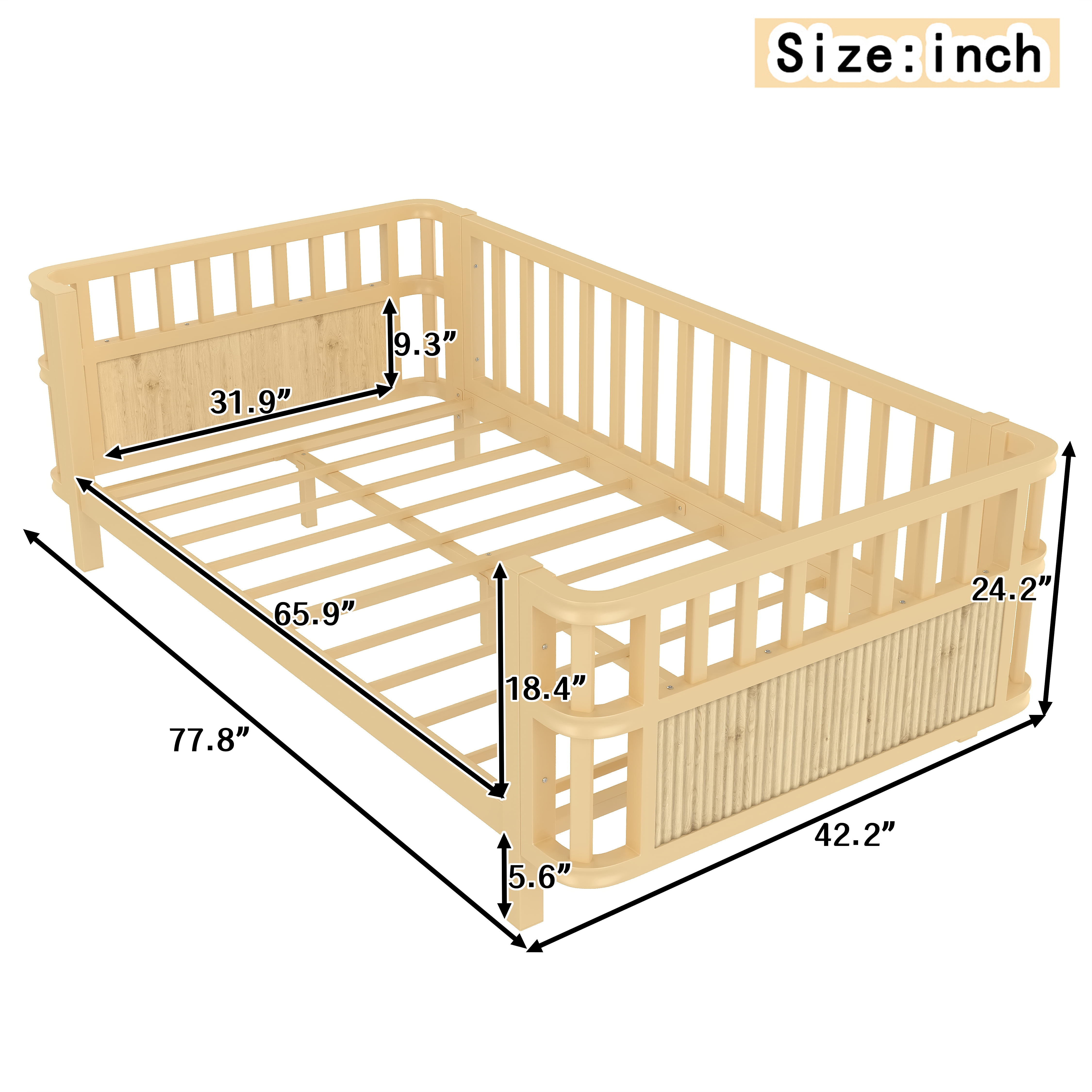 Miniyam Kids Twin Fence Bed with Safety Rails, Low Profile Platform Bed for Children, Sturdy Slatted Support, Natural