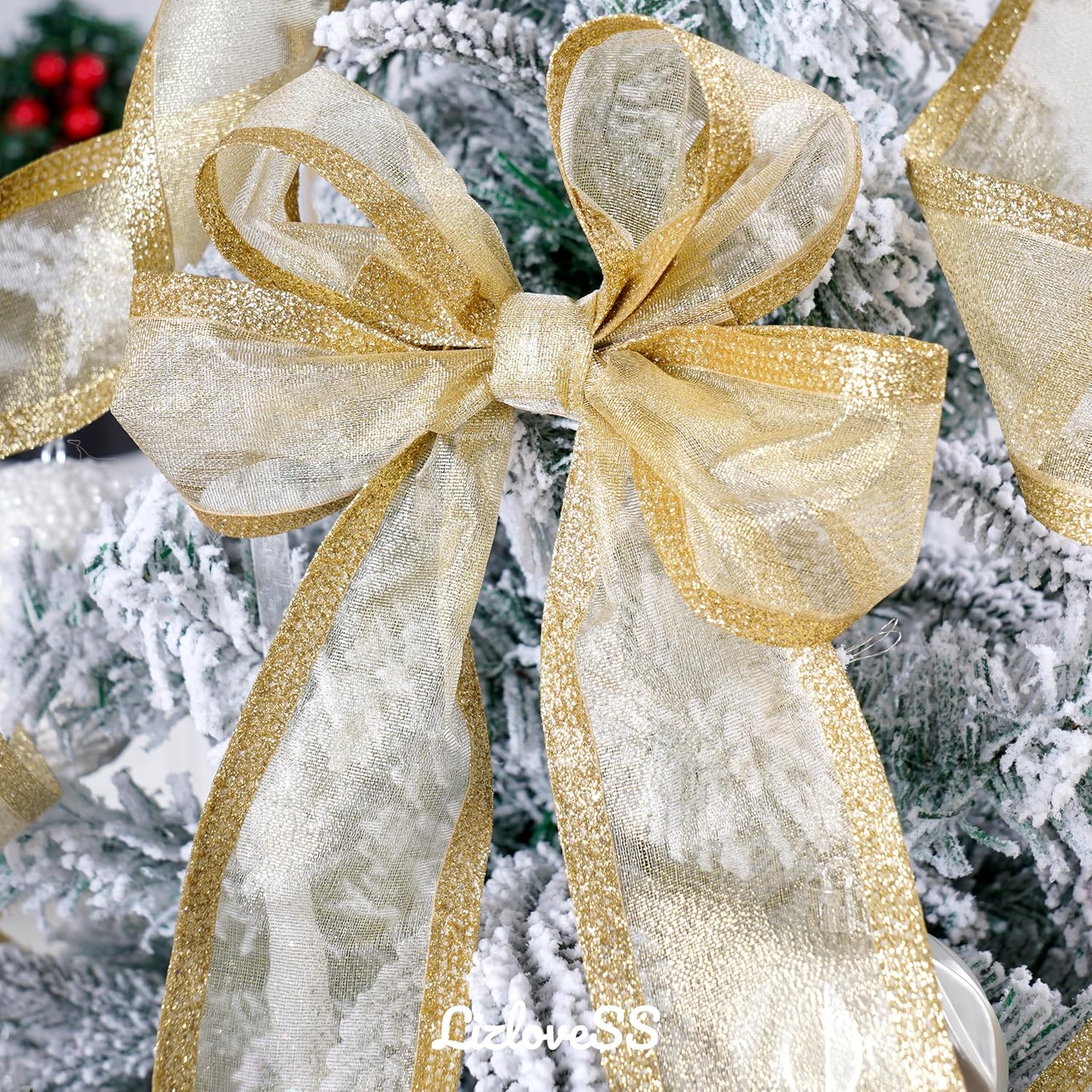 Gold Christmas Ribbon Wired 2.5 Inch Metallic Gold Wired Ribbon with Glitter Stripe, Gold Ribbon for Christmas Tree, Wreaths Supplies, Swag, Garland, Holiday Decor- 10 Yards