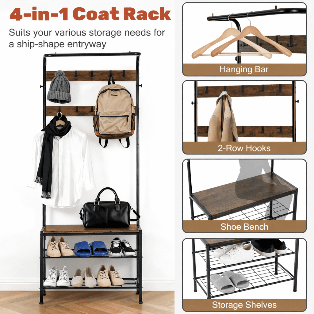 ZIVACATE Coat Rack, Hall Tree with Shoe Storage Bench, Entryway Bench with Shoe Storage, 4-in-1, Steel Frame, for Entryway, 28.35 x 13.27 x 72.05 in,Brown