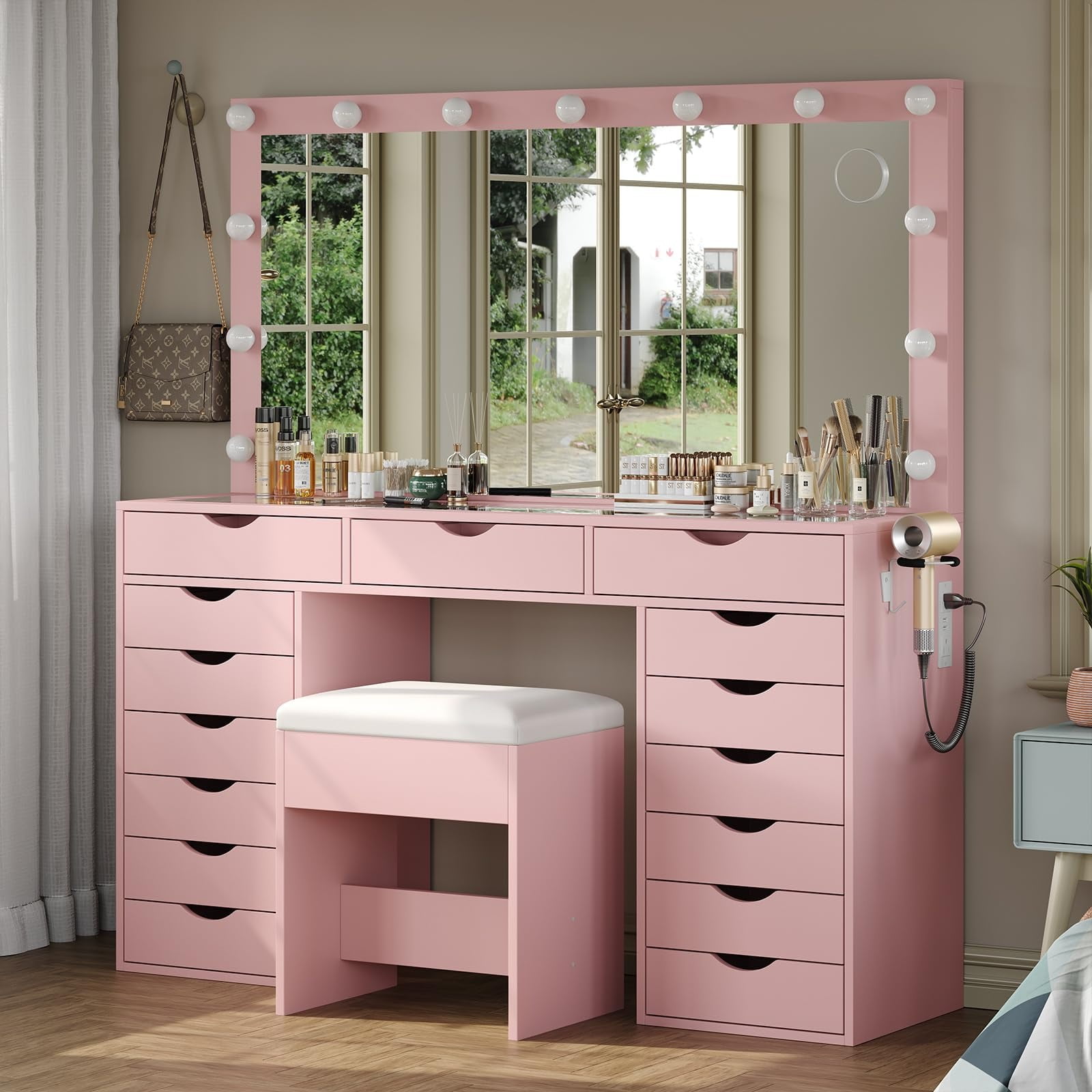 Yanosaku 15-Drawer Vanity Desk with Mirror, Power Outlet, LED Lights, Glass Top Dressing Table for Bedroom