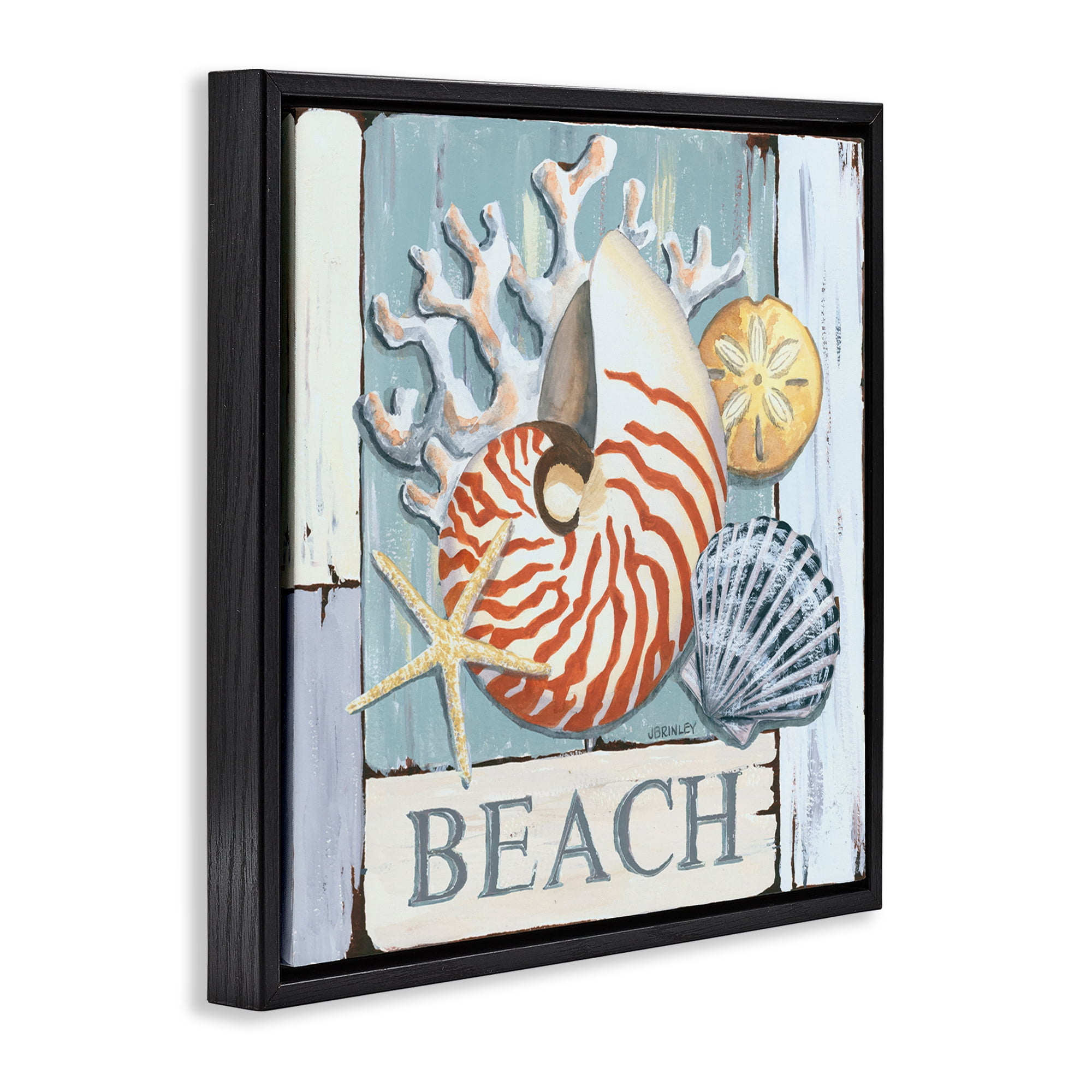 Stupell Industries Distressed Beach Shells Nautical & Beach Painting Black Floater Framed Canvas Art Print Wall Art, 18 x 18