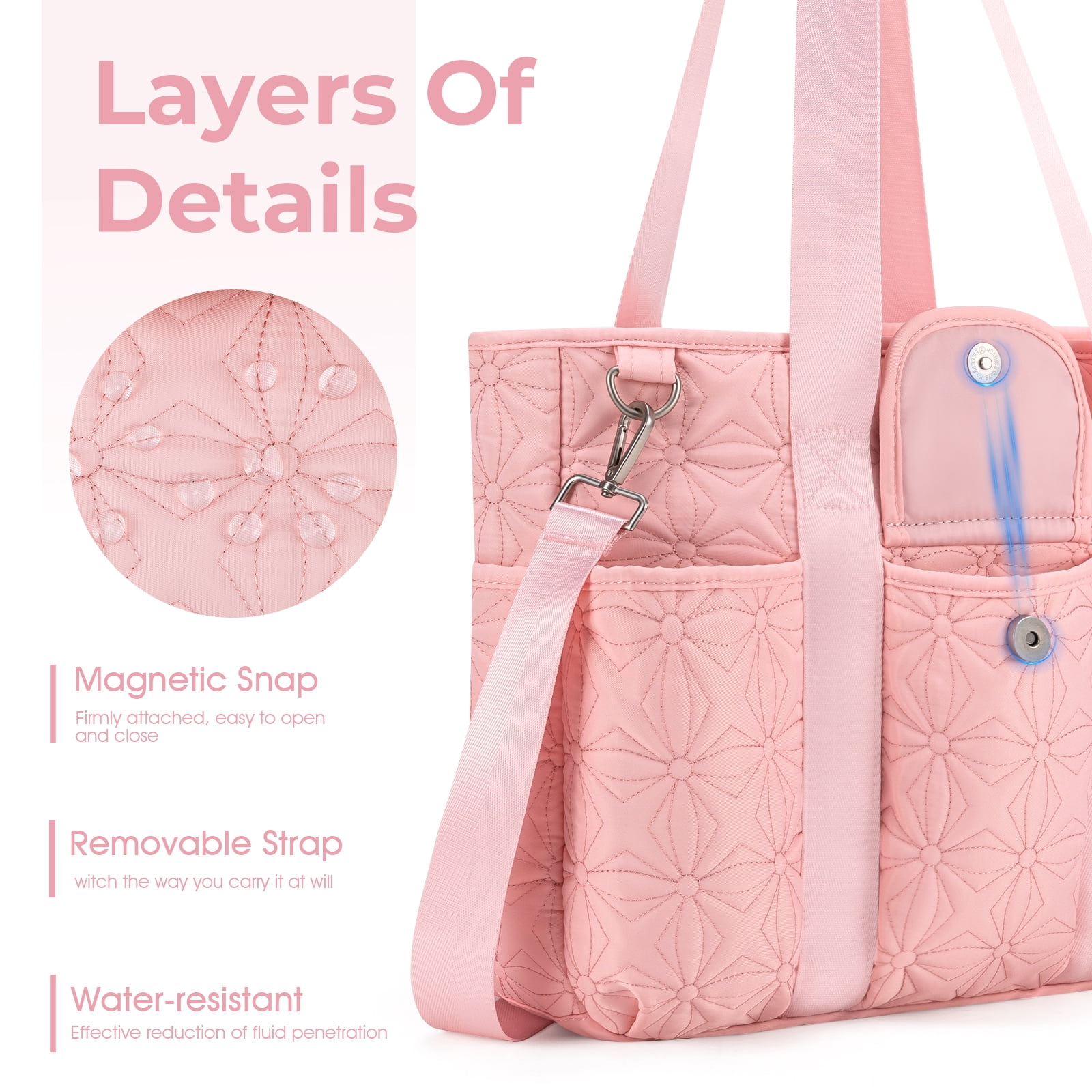 Canvas Tote Bag with Multi Pockets, Kabaqoo Crossbody Tote Bag for Women, Large Shoulder Handbag with Compartments, Pink