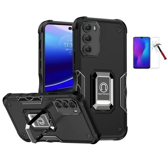 Phone Case for Motorola Moto G Stylus 5G 2022,  Magnetic Adsorption Case Cover Ring Kickstand  Tempered Glass (Black)