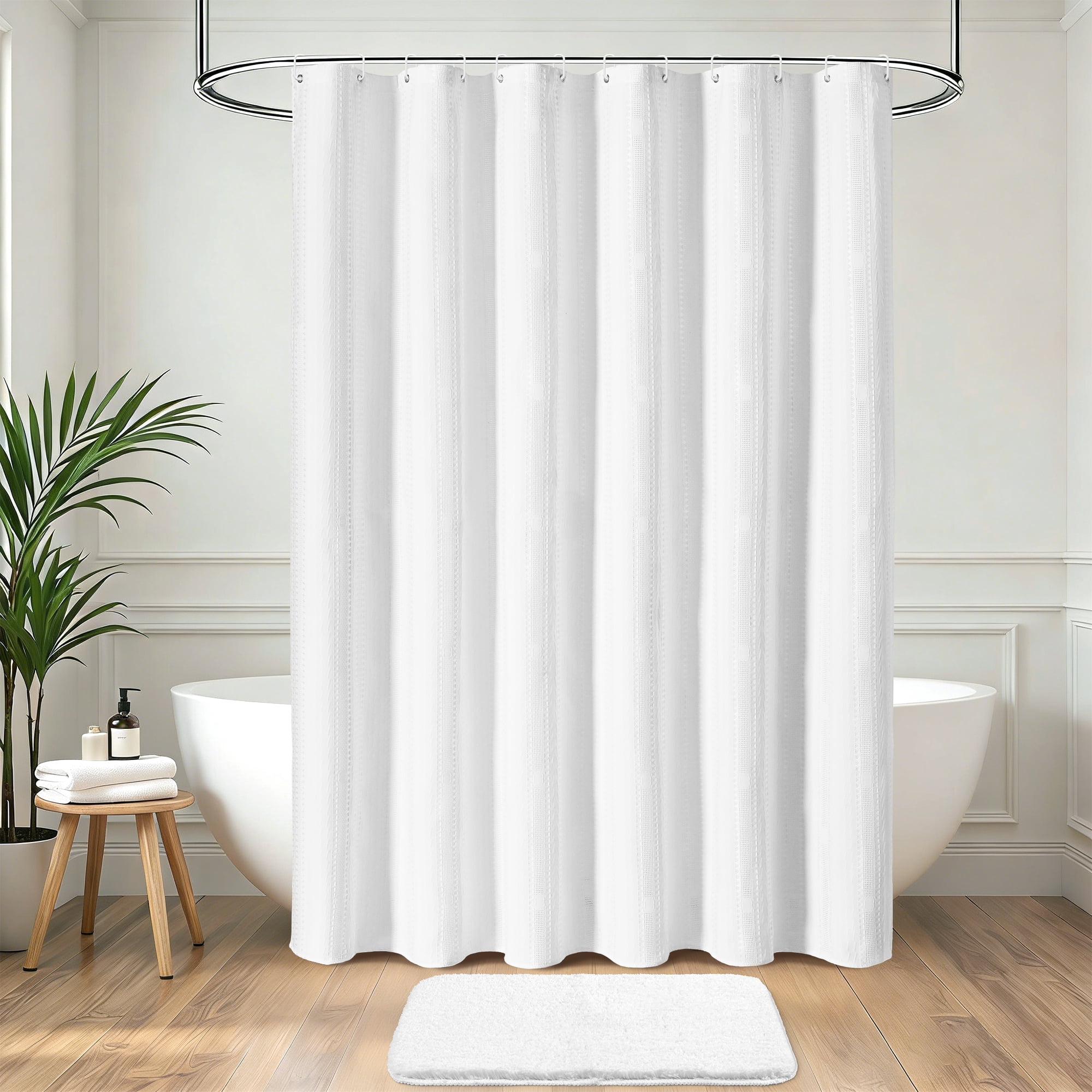 FRAMICS Waffle Shower Curtain Sets with Non-Slip Rug & 12 Hooks, Luxury Heavy Duty Waterproof Fabric Bathroom Sets, 72" x 72", White