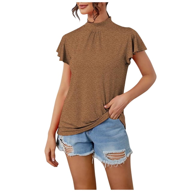AherBiu Plus Size Tops for Women Summer Casaul Trendy Ruffle Sleeve Tops High Neck Loose Comfy Shirts