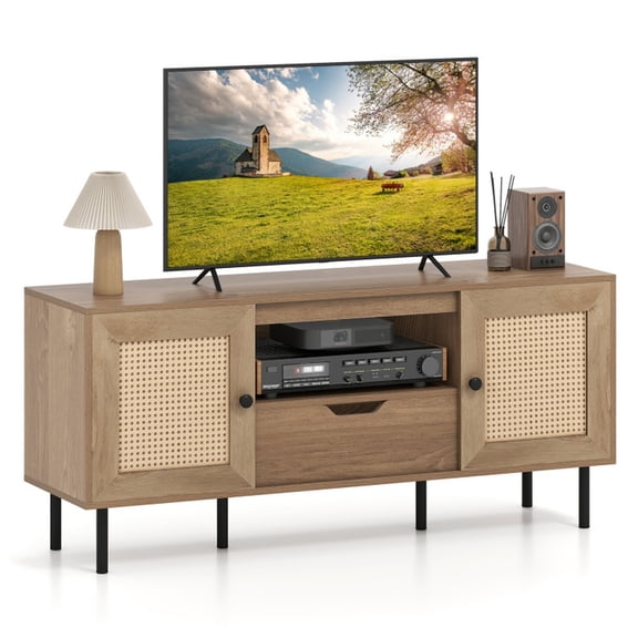 Furnibear Boho TV Stand for 60 Inch TV, Entertainment Center with Cabinets and Storage Shelf, Natural
