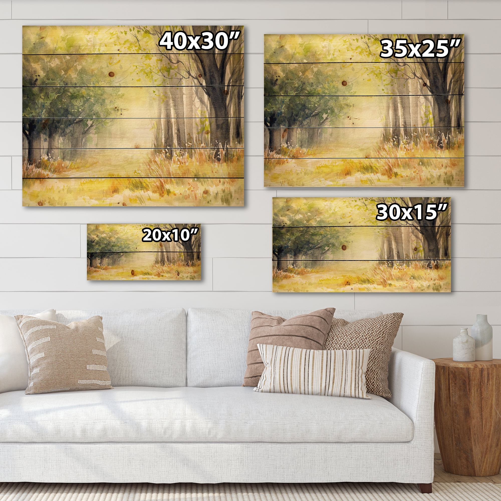 Designart 'Bright Sunshine Through The Yellow Forest Trees III' Traditional Print on Natural Pine Wood