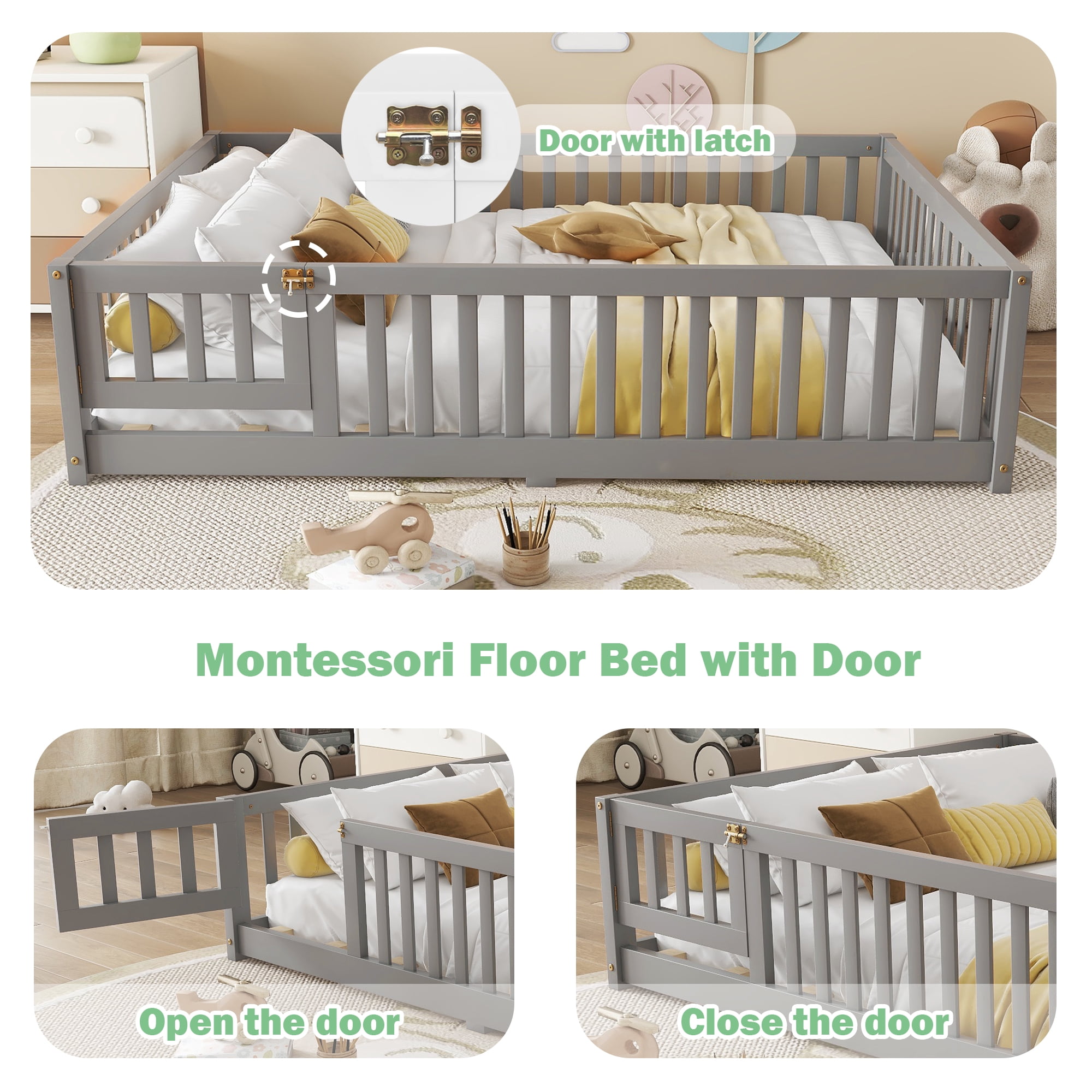 Bellemave Full Size Bed Floor Bed with Safety Guardrails and Door, loor Bed with Bed Slats Sturdy Wood Floor Bed Montessori Bed Frame, Gray