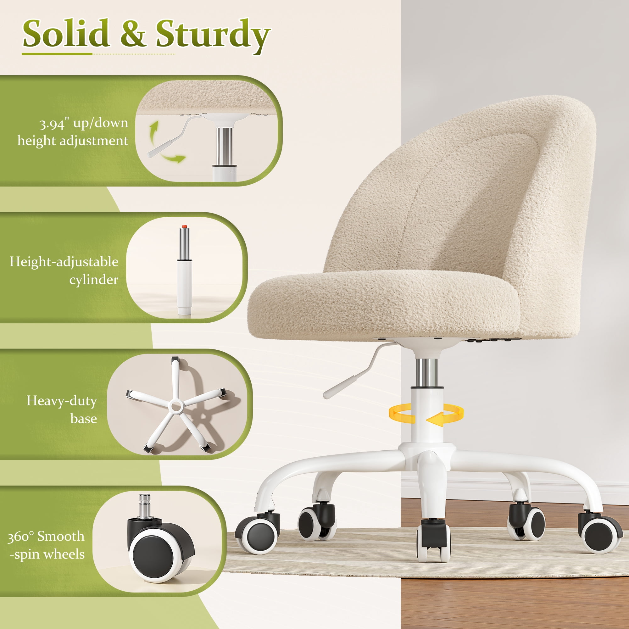 Romorgniz Vanity Chair Height Adjustable Desk Chair with Wheels, Armless Office Chair with Soft Lumbar Support for Small Space, Bedroom, Home office, Cream