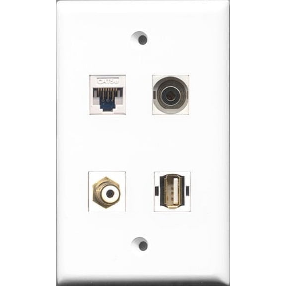 RiteAV - 1 Port RCA White and 1 Port USB A-A and 1 Port 3.5mm and 1 Port Cat5e Ethernet White Wall Plate