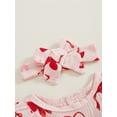 thumbnail image 6 of Newborn Baby Girl Valentines Day Outfit Bow Heart Ruffle Cotton Linen Jumpsuit  Long Sleeve Romper Playsuit with Headband, 6 of 8