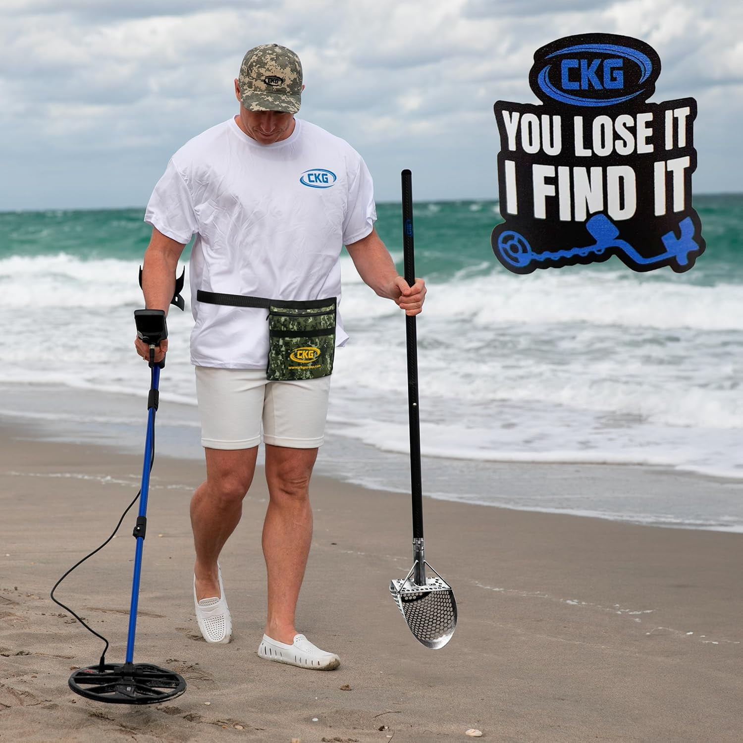 CKG Sand Scoops for Beach Metal Detecting Stainless Steel Beach Metal Detecting Shovel Underwater Treasure Hunting, Metal Detector Accessories(Bag + Scoop + Carbon Fiber Handle), (9x6 + Handle)