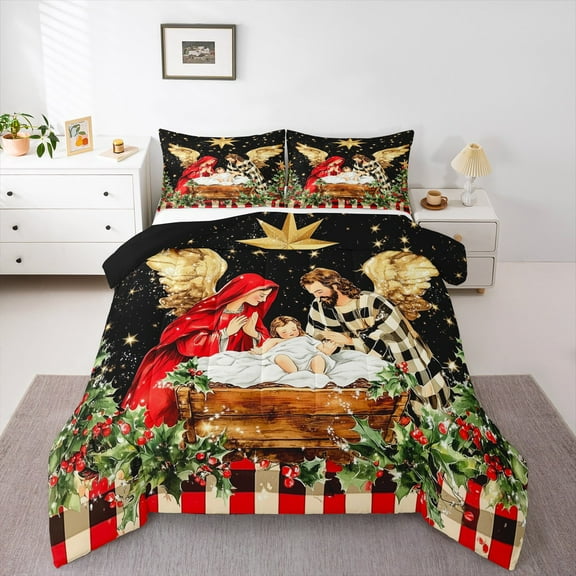 jejeloiu Christmas Theme Bedding Comforter Set,Galaxy Starry Night Twin Comforter Sets,Red Geometric Grid Bedding Set For Child,Microfiber Bedroom Decor Reversible,2pcs