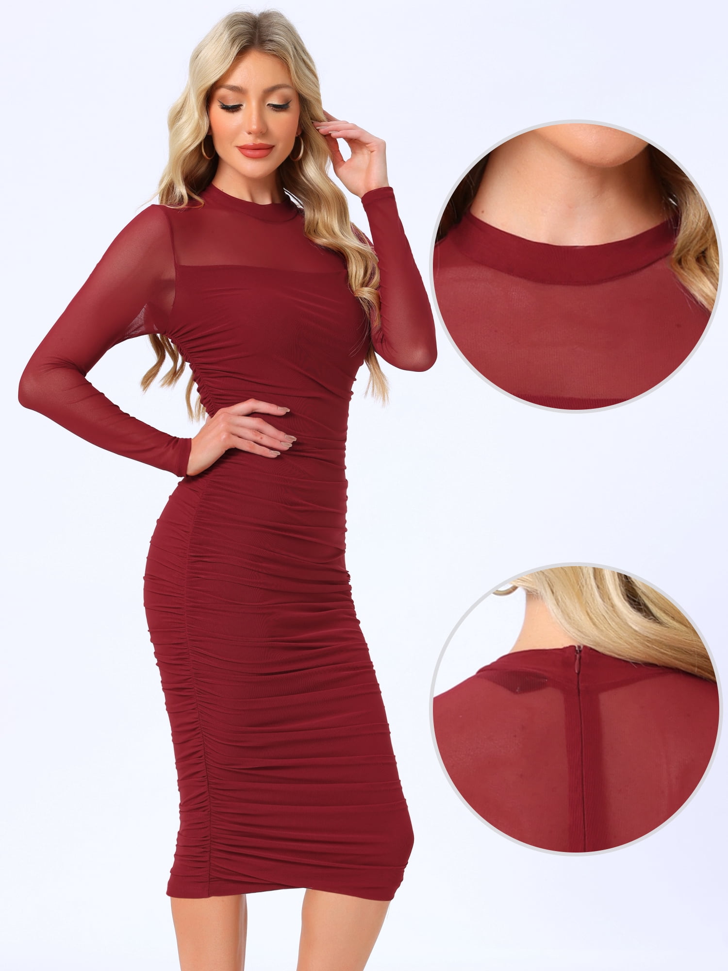 DARING DIVA Mesh Ruch Elegant Cocktail Bodycon Dress S Dark Red