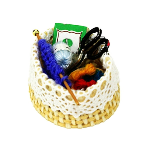 SPRING PARK Miniatures Sewing Kit Basket Scissors Needlework Decor Display for Dollhouse