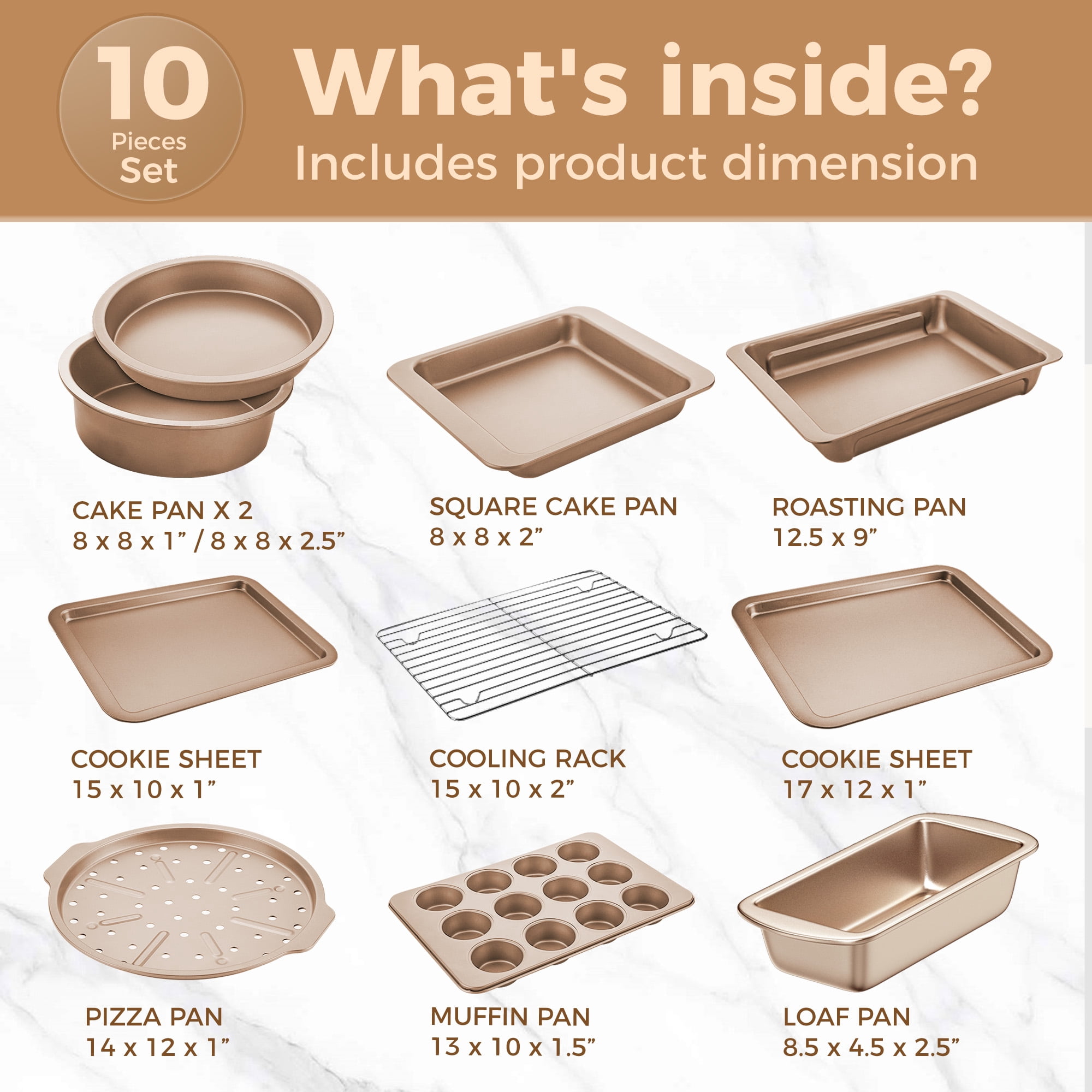 HONGBAKE 10-Piece Nonstick Carbon Steel Bakeware Set, Baking Pan Set with Baking Sheets, Cake Pans, Loaf Pan & Muffin Pan, Champagne Gold