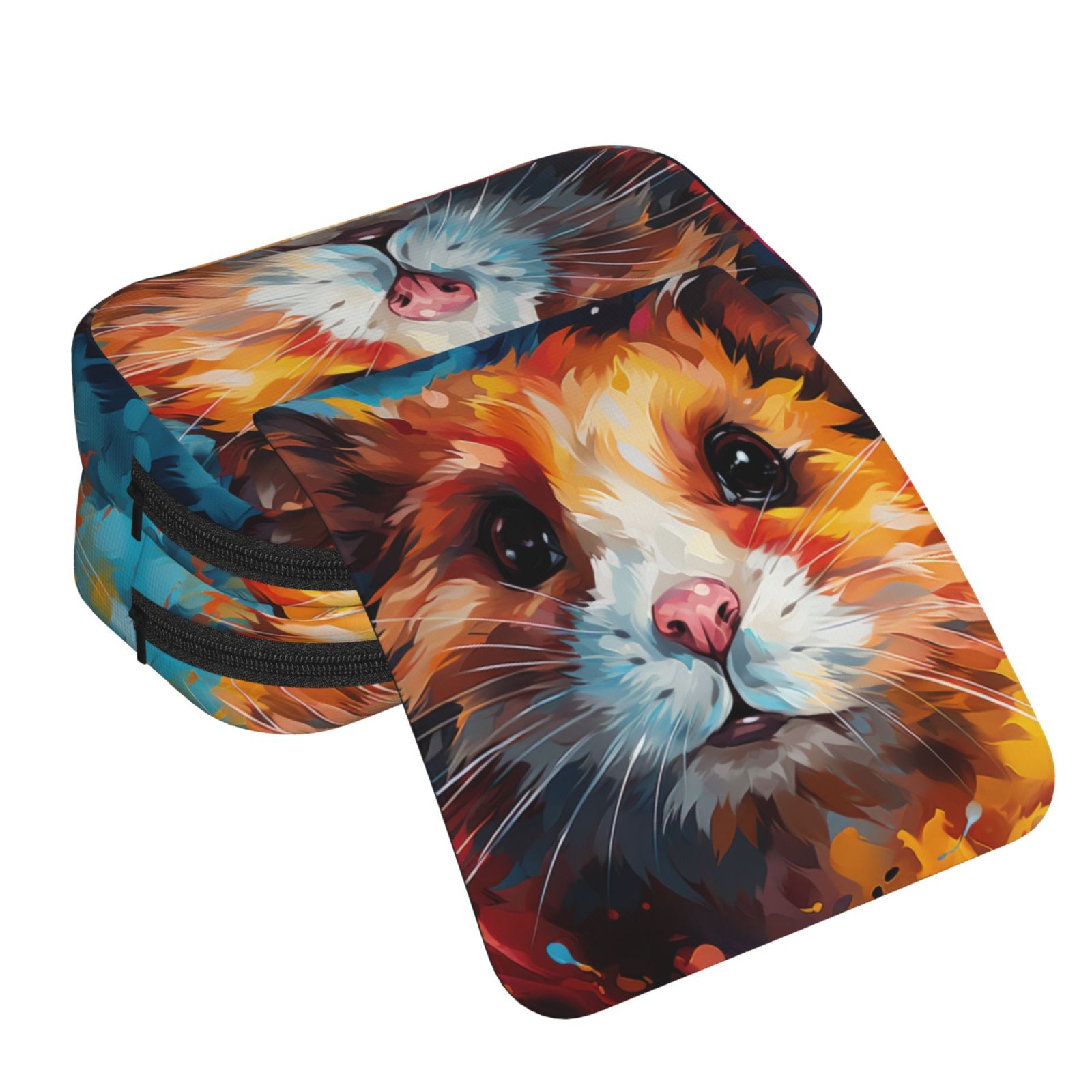 Rateoe Oil Painting Colorful Hamster Pattern Double Clamshell Pen Case, Storage Organizer with Two Zipper Compartments– Holds Up to 50 Pencils & Pens