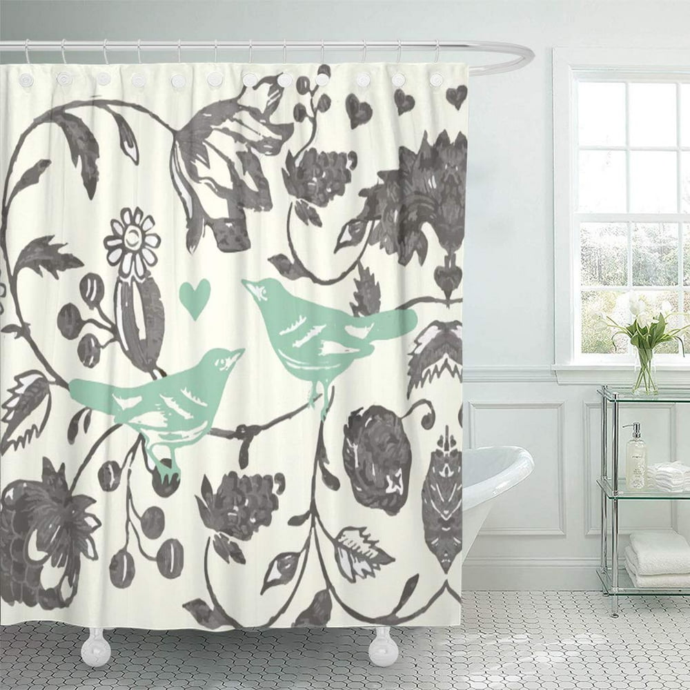 SUTTOM Green Farmhouse Mint and Gray Vintage Floral Bird Farm Shower